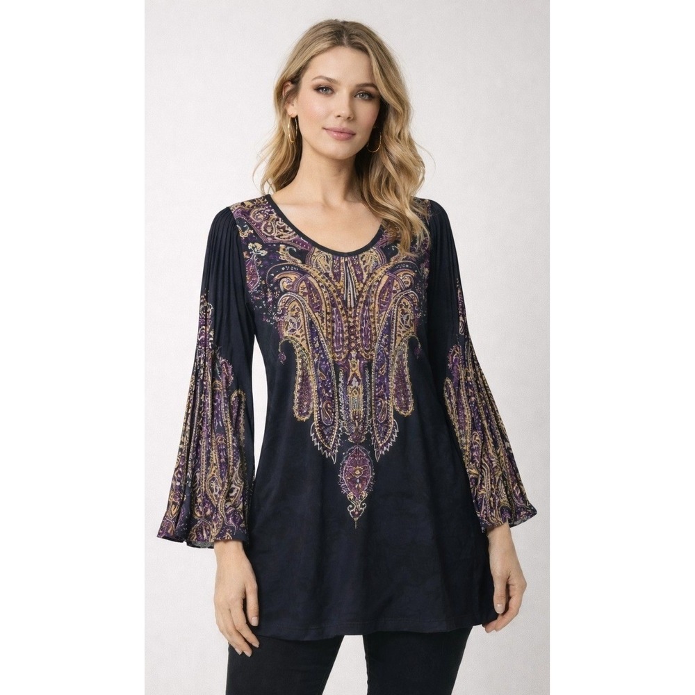 Citiknits Effortless Style Paisley Tunic Top Bell Sleeve Navy Purple Gold M